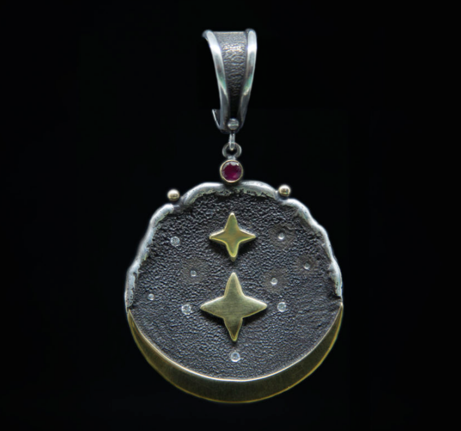 Part of the Realignment series. 18K gold on sterling silver- moon and star pendent