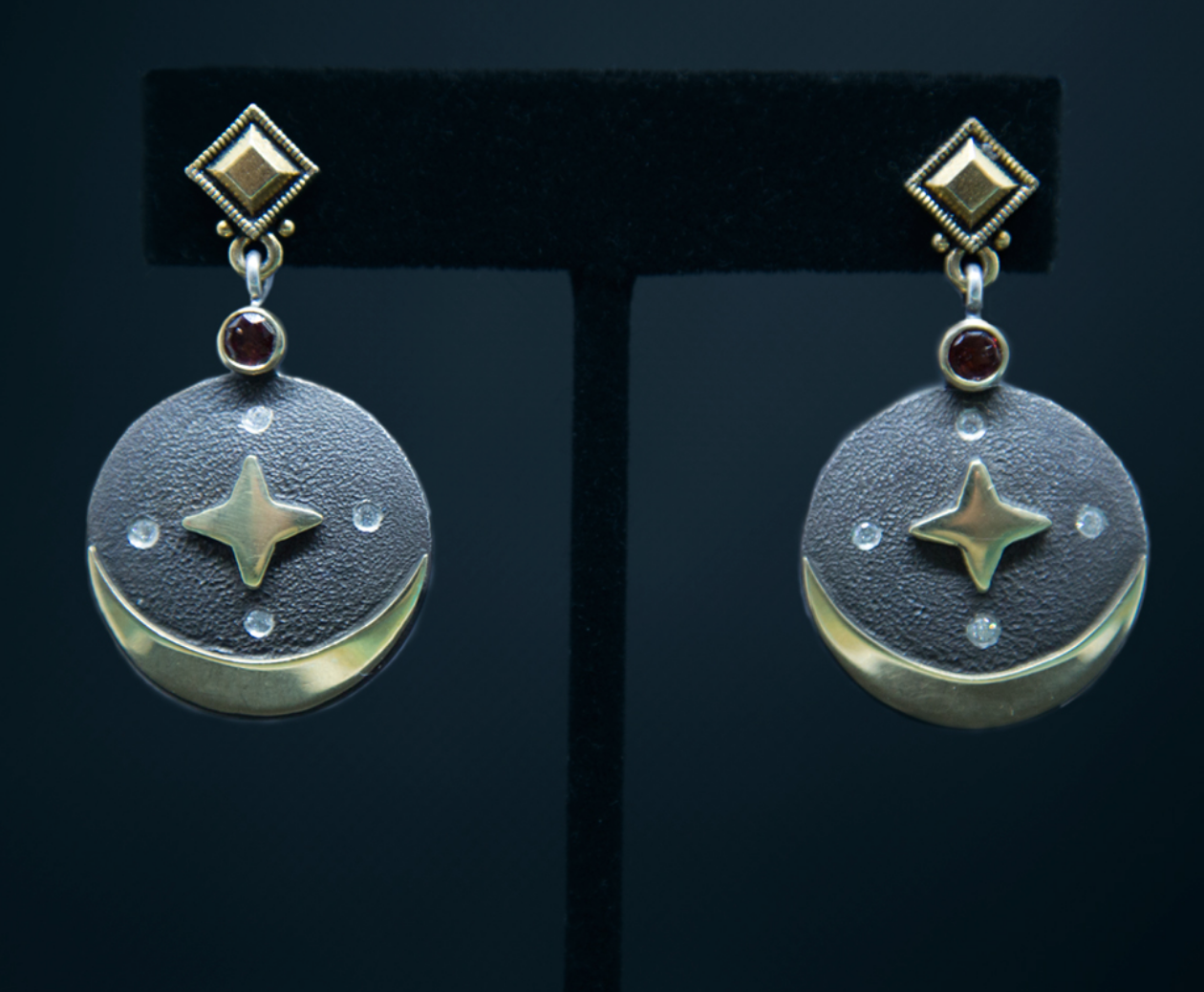Star and Moon Earrings 18k gold on sliver, with garnet